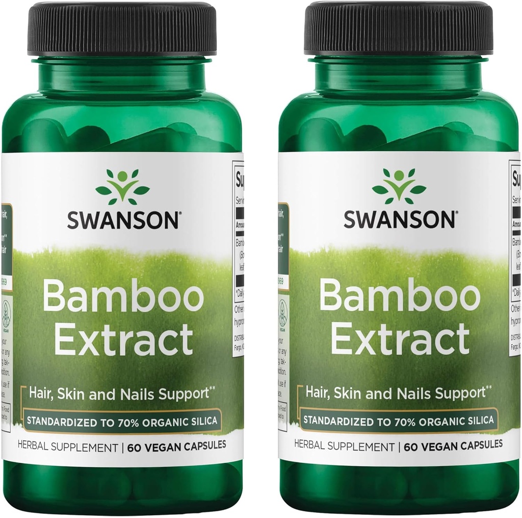 Swanson Bamboo Extract - Natural Hair, Skin and Nails Supplement - 70% Silica Content Supporting Collagen Formation & Bone Growth - (60 Veggie Capsules, 300mg Each) (2 Pack)