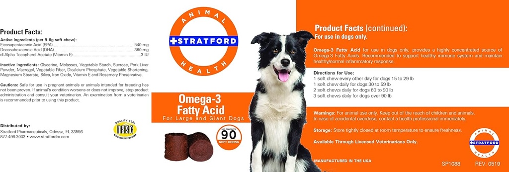 Stratford Pharmaceuticals EZ Chew Omega 3 Fatty Acid Soft Chew Max Strength - Dog Omega 3 supplement - Soft Chew Treats with Fish Oil for Dogs - Large and Giant Dogs - 90 Soft Chew