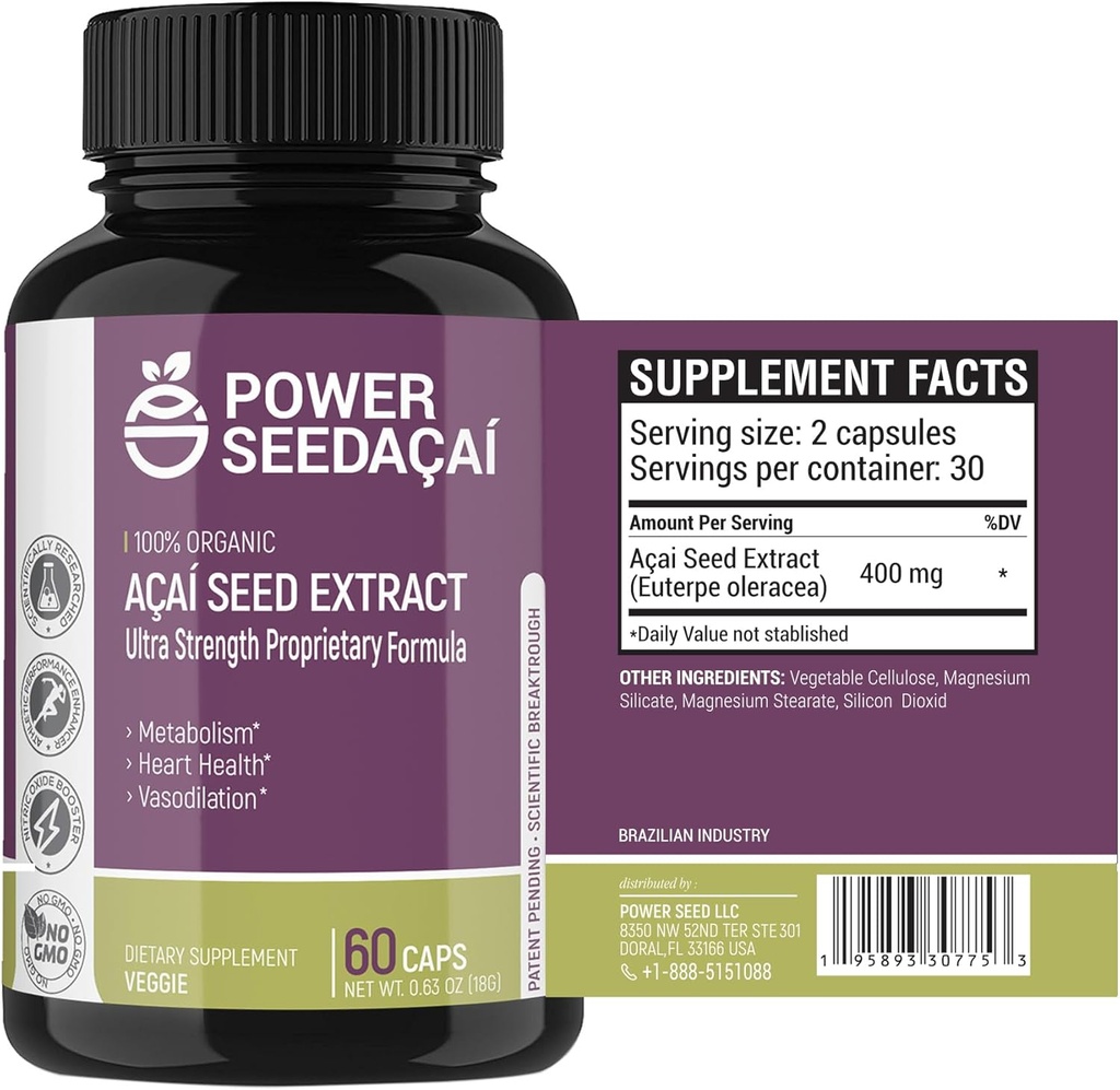 Power Seed Acai - impulsionador de óxido nítrico. Suporta fluxo de sangue, níveis de açúcar no sangue, função metabólica e energia. Antioxidante Super Forte. Free de cafeína. Fórmula patenteada 60 Cápsulas