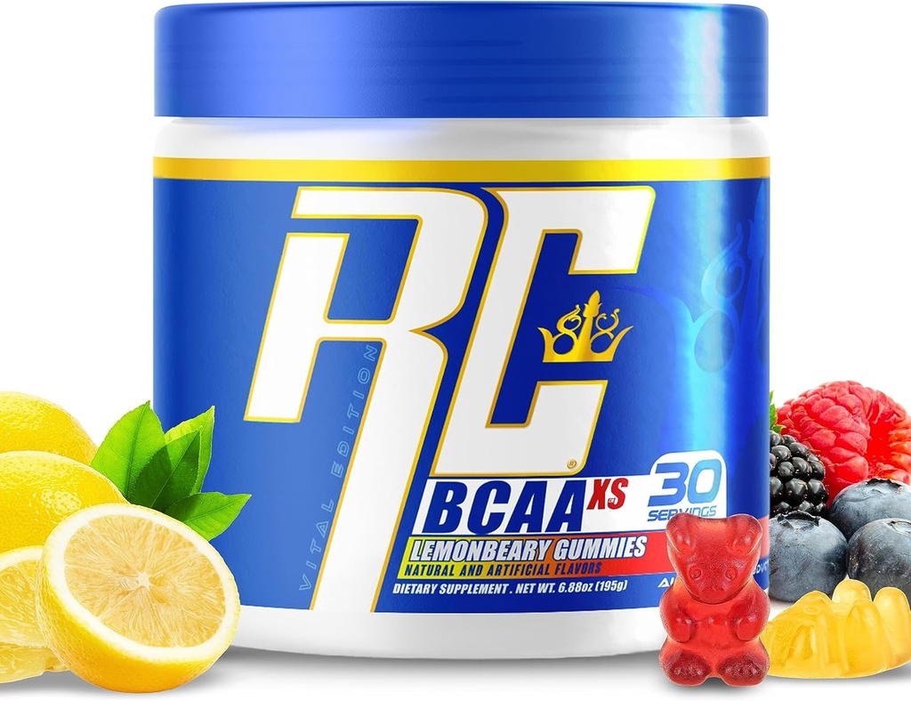 Pó BCAA XS de Ronnie Coleman com EAAs, Aminoácidos de cadeia ramificada pós treino recuperação muscular, Sugar Free Hydration Drink for Women and Men, Gummies Lemonbeary, 30 Servings