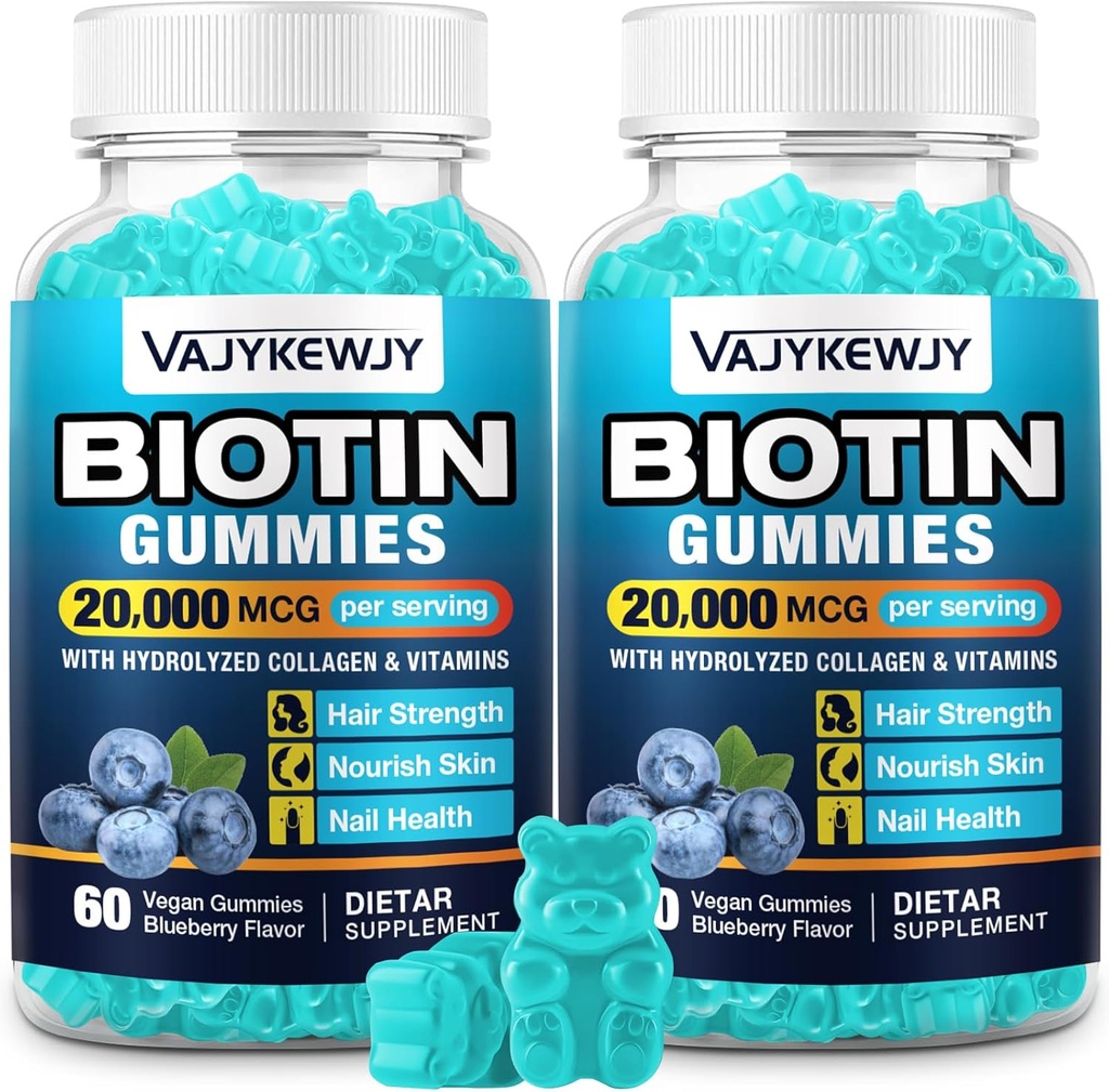 2 Pack Vegan Biotin Gummies for Hair, Skin & Nails - 20.000 mcg per Serving, Cocok untuk Perempuan & Pria - 120 Gummi