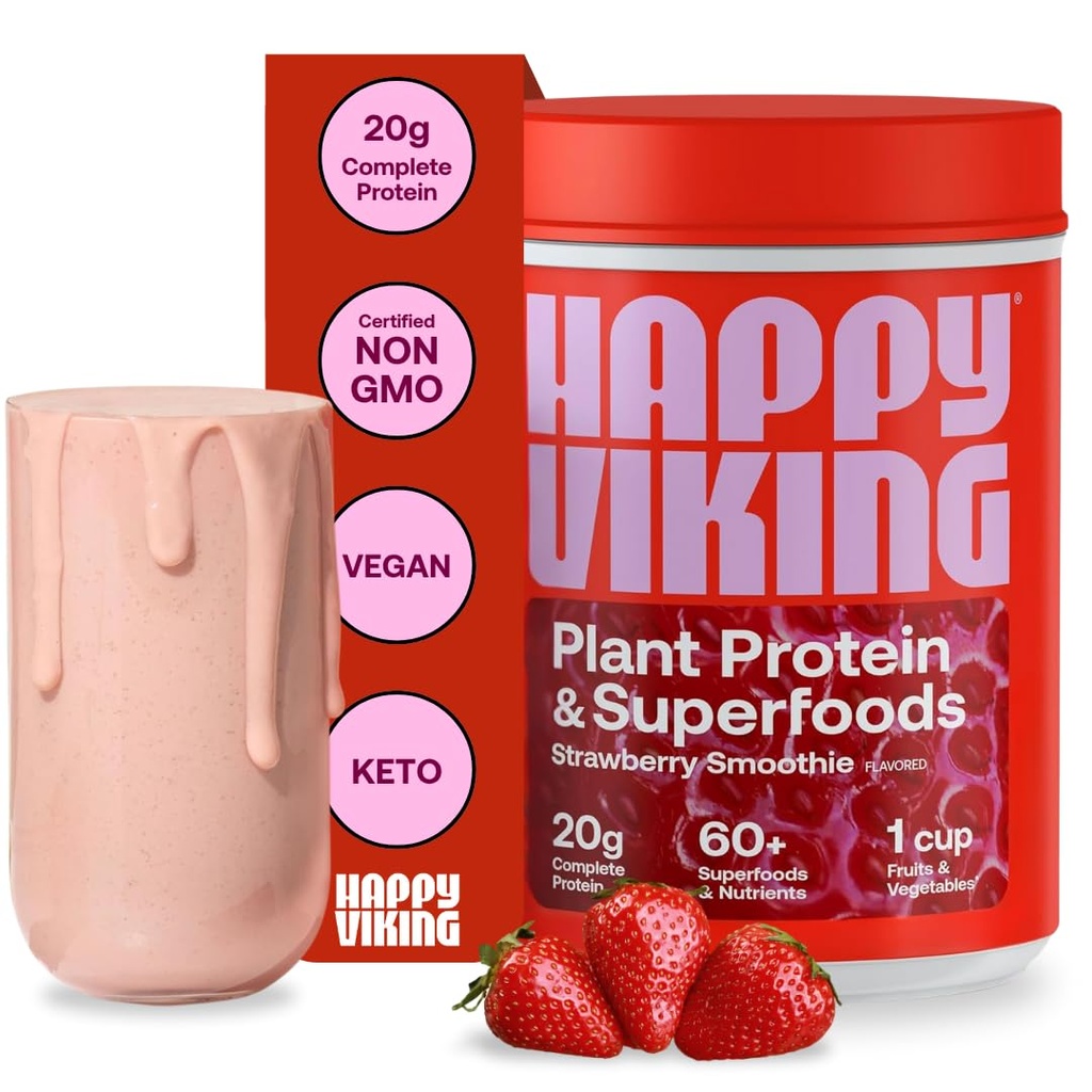 Feliç viking Strawberin + Superfojods Powder, creat per Venus Williams, 20G Protein, Baix Carb, Keto, Vegan, Guten-Free, No-GMO, Superfos, Substitució total de Meal, 1 Canister (24 oz).