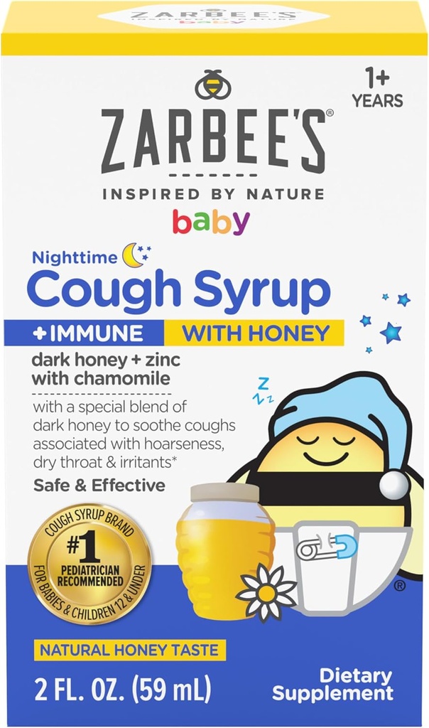 Zarbee's Baby Nighttime Cough Syrup + Immune, Baby Cough Syrup mit Dunklem Honig + Zink & Kamille, für Kleinkinder, keine Drogen oder künstliche Aromen, Natürlicher Honig Geschmack, 2 fl. Unze