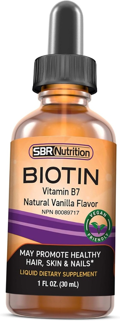 SBR 영양 Biotin 액체 하락, 서빙 당 5000mcg (60) 1.0Fl.oz (30ml) 바닐라