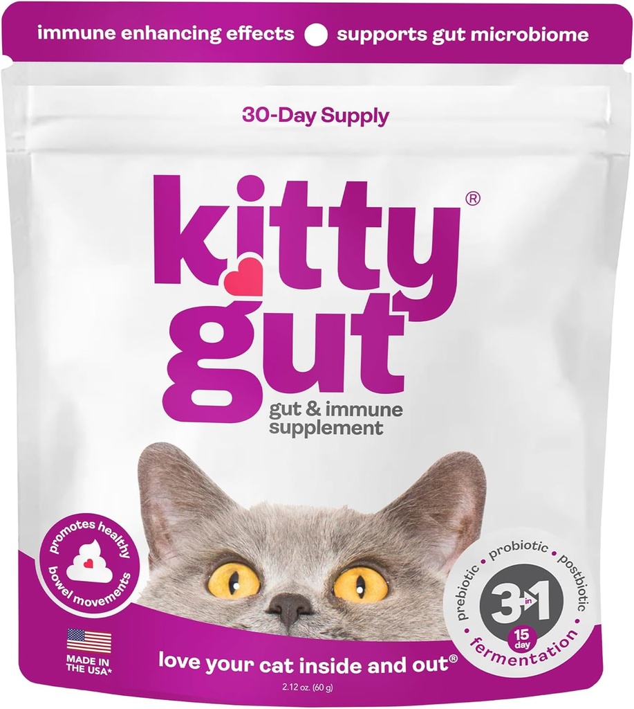 KittyGut 3-in- 1 Organic Cat Progetic & Postbiotic Application - Made in USA- Progories for Cats Provents Gut Health and Cat Digetives Support, Diokhdan Vomiting (60g)