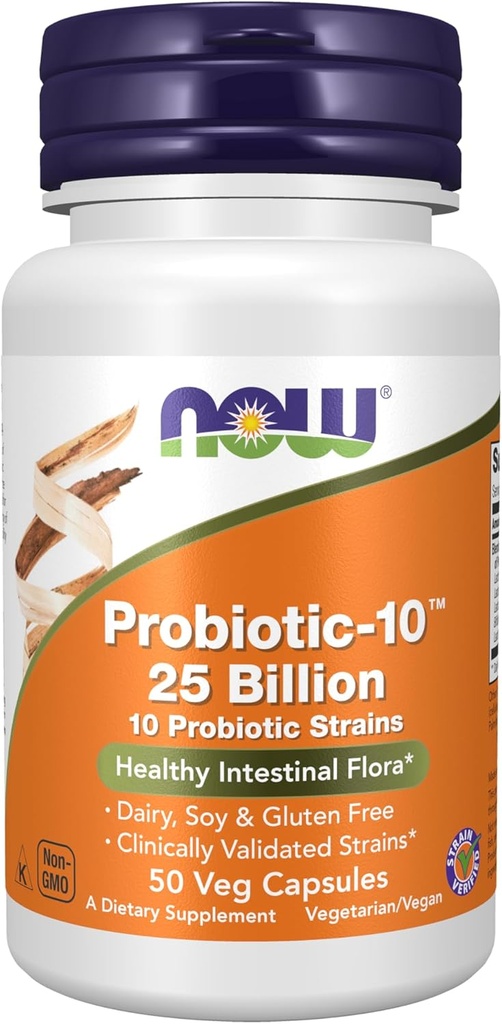NOW Foods, Probiotic-10TM, 25 Billion, 10 Probiotic Strains, Dairy, Soy 및 Gluten 무료, Strain Verified, 50 Veg 캡슐