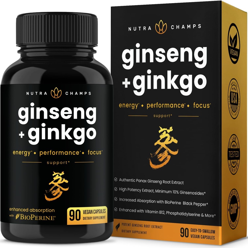 NutraChamps Korean Red Panax Ginseng Capsules | 에너지, 초점, 성능, 활력 및 면역 지원에 대한 추가 강도 인삼 캡슐 | Korean Red Ginseng Root Extract (90, Premium Gold)