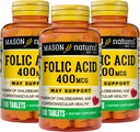 Mason Natural Folic Acid 400 mcg, ημερήσιο συμπλήρωμα υγείας, διάθεσης και προγεννητικής φροντίδας, για γυναίκες τεκνοποίησης, 100 δισκία (πακέτο των 3)