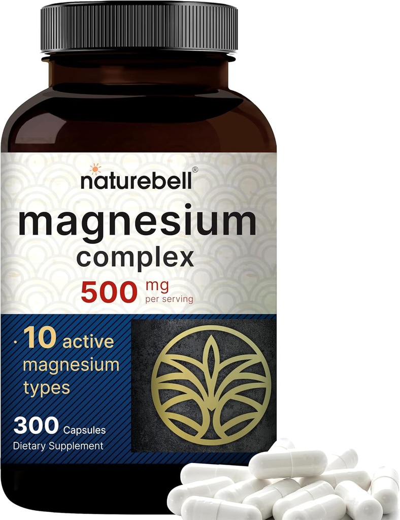 Magnesium Complex 500mg, 300 Kapsler | 10-i-1 Magnesium Glykinat, Citrate, Malate og mer | Chelated Form for enkel absorpsjon | Bein, hjerte og muskel støtte*