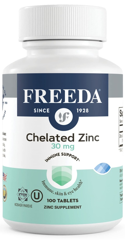 Freeda Chelated Zinc 30mg – TRAACS® Zinc Bisglycinate for High Absorption – Vegan, Kosher, Gentle on Stomach – Immune Support for Adults, Men & Women – 100 Tiny Tablets