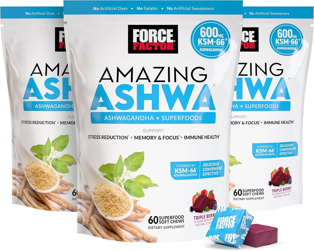 FORCE FACTOR ASTHA ASTHA 精神压力救济、记忆、焦点和免疫支持健康,Ashwaganda 与 KSM-66 Ashwagandha 精神压力补充,180软嚼