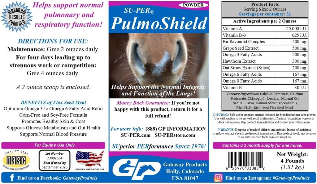 SU-PER PulmoShield 马呼吸辅助剂 - 支持马的健康肺功能 - 正常肺和呼吸辅助剂 - 马维生素和矿物 - 4英镑,(2包)