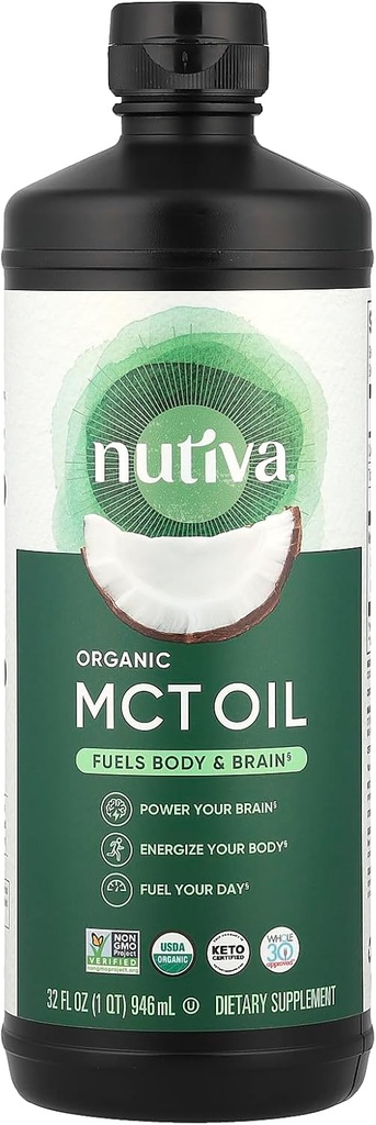 Nutiva Organic MCT Olja, Unflavored, 32 Oz, USDA Organic, Non-GMO, Non-BPA, Hela 30 Godkänd, Vegan, Gluten-Free & Keto, 14g MCT per servering och neutral smak för energiökning till kaffe, skakar och sallader