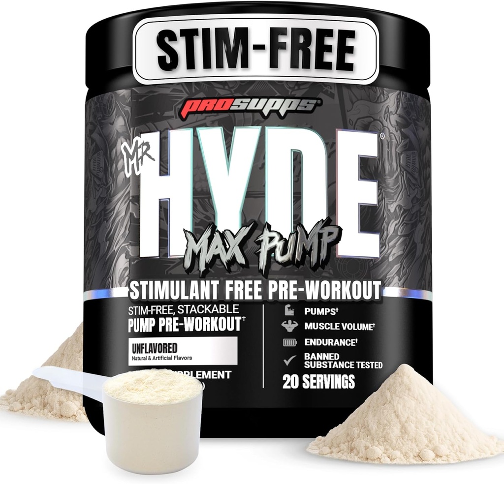 PROSUPPS Mr. Hyde Max Pump Pre Treenout Powder - Stim-free Preworkout tukee veren virtausta, lihasten tilavuus ja kestävyys - kofeiiniton typpioksidin Gym & Fitness lisäravinteet (Ei maku, 20 tarjoilua)