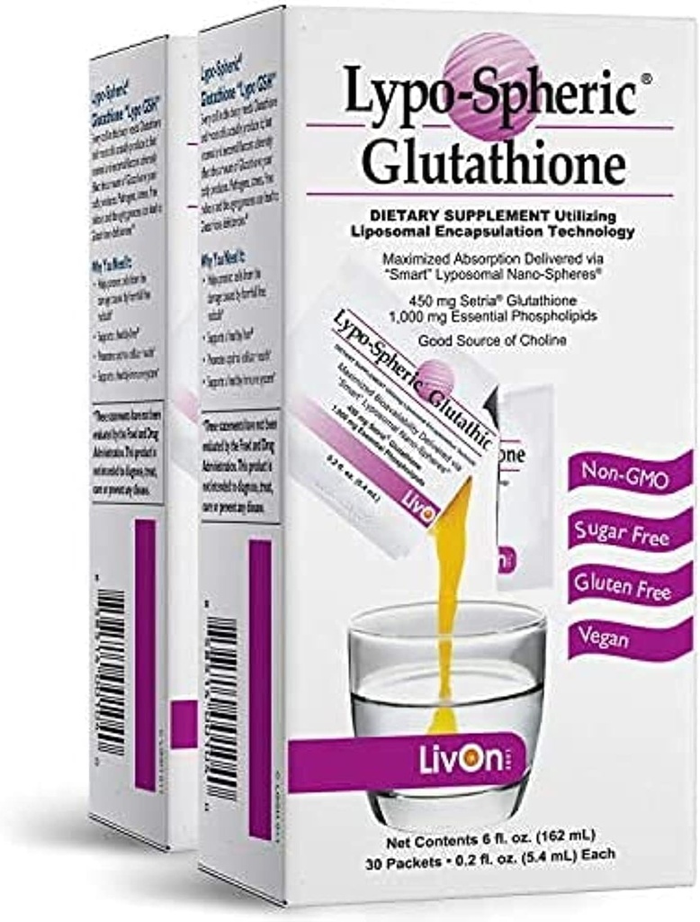 Lipo-esférico Glutathione - 2 Cartons (60 Packets) - 450 mg Glutathione Per Packet - Liposoma encapsulado para a absorción mellorada - Formulado profesionalmente, 100% Non-GMO