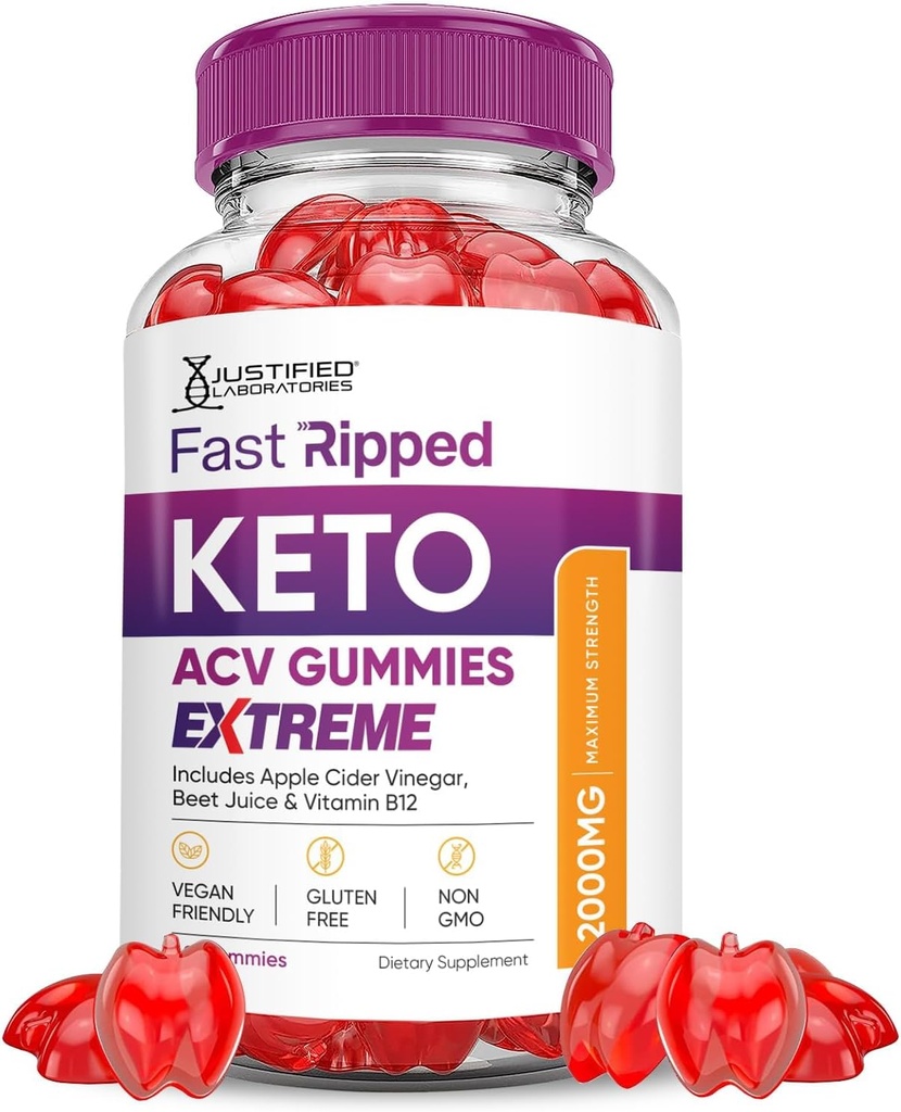 Justified Laboratories Fast Ripped Keto ACV Gummies Extreme 2000MG Fast Ripped Keto Gummies Apple Cider Vinegar Geformuleerd met Granaatappel Beet Sap Poeder B12 Vegan Non GMO 60 Gummys