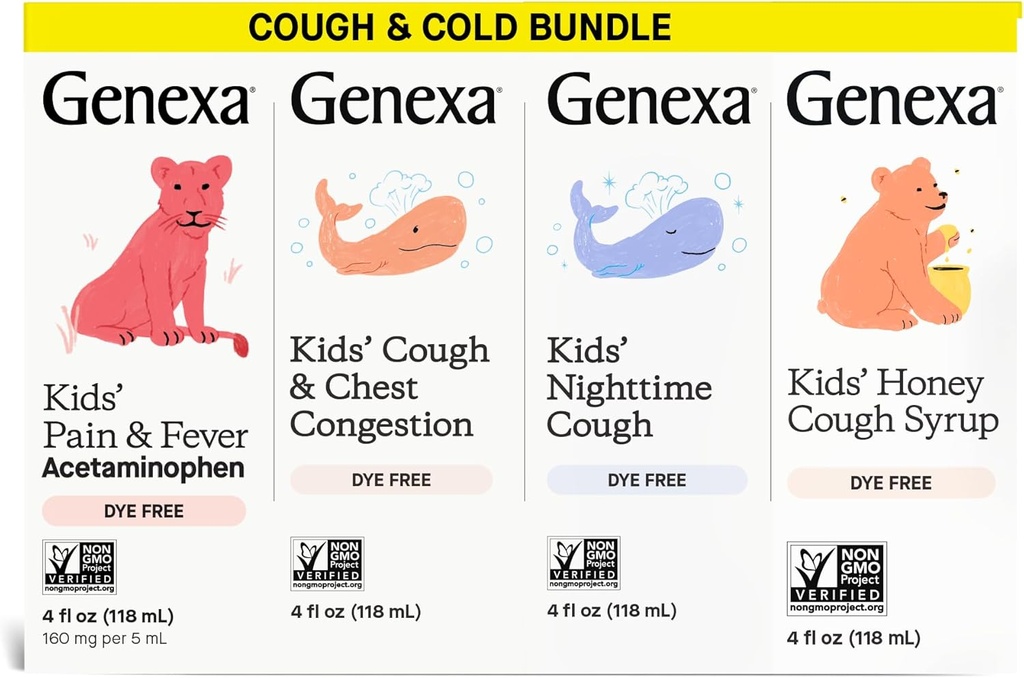 Genexa Kids' Clean Cough Medicine & Honey Cough Syrup, Pain & Fever Reducer Value 4-Pack, Dye Free, 0% Artificial Additives, Cough Care for Children, Fever & Pain Reliever, 16 fl oz (4 Bottles)