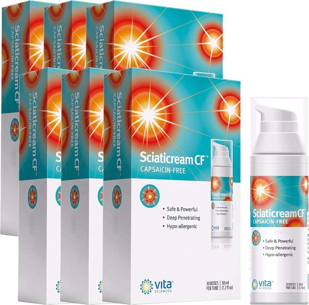 Vita Sciences Sciaticream CF: Arnica, B1, B5, B6, MSM, Aloe və Coconut Oil Base ilə Sciatic Nerve üçün Rapid Soothing Krem. Capsaicin-FREE. Fast Acting Soothing Formula - 6 paketi