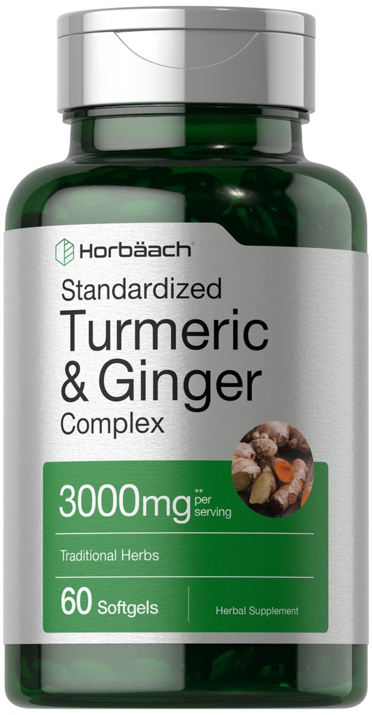 Horbäach Turmeric and Ginger Supplement | 60 Softgel Capsules | Turmeric Curcumin Complex with Black Pepper Extract | Non-GMO, Gluten Free