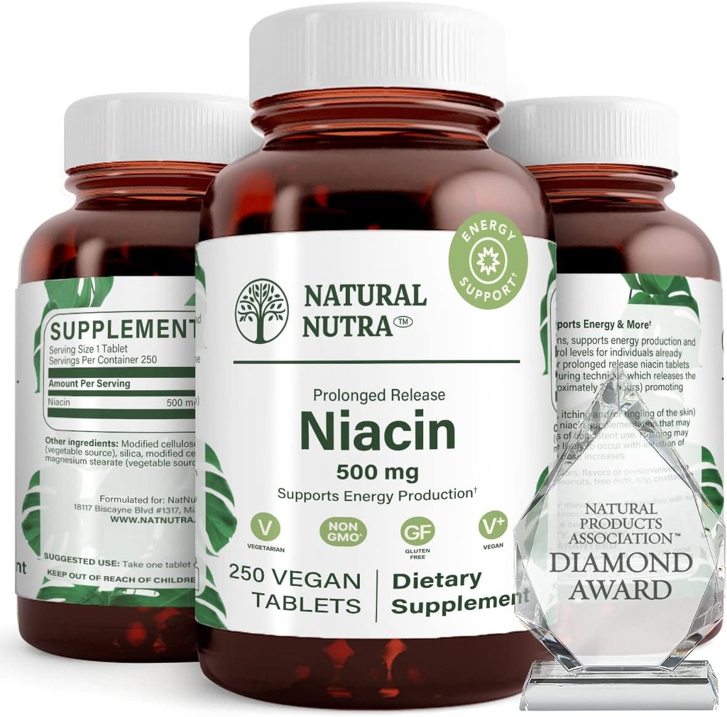Natural Nutra Time-Release Slow Niacin 500mg (Vitamin B3), Поддръжка Здравословен холестерол, Насърчаване на сърдечно-съдовото здраве, Насърчаване на кожни клетки и подобряване на когнитивната функция, 250 Веган таблетки