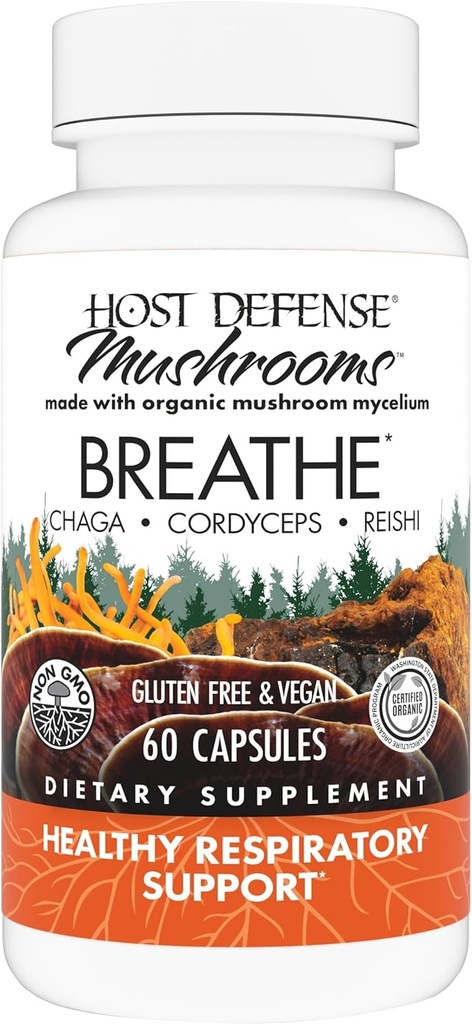 Host Defence Breathe * Kapsules - Imuninės ir kvėpavimo palaikymo grybų papildymas - Žolinių plaučių sveikatos priedas su Chaga, Reishi & Cordyceps - 60 kapsulių (30 Tarnybų)