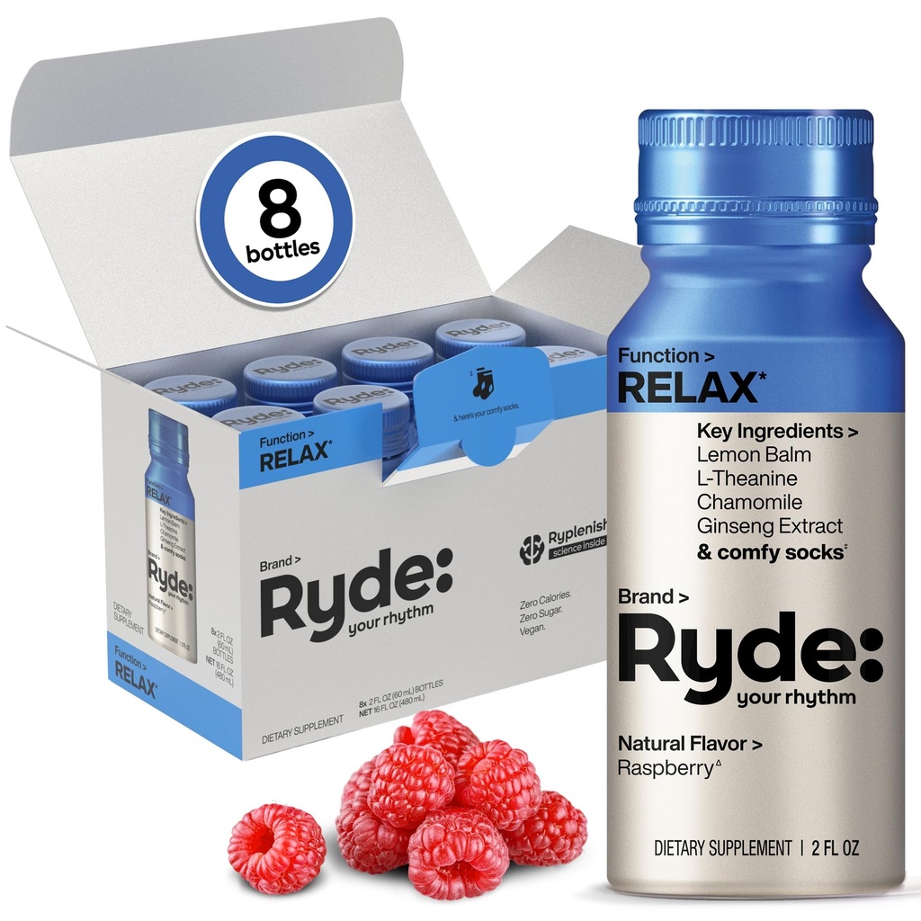 Ryde: Relax Shot, 0 Calories, 0 Sugar, Raspberry Flavor, Lemon Balm, L-Theanine, Ginseng & Chamomile, Raspberry Flavor, 2 FL OZ Shots, Helps You Relax* (8 Pack)