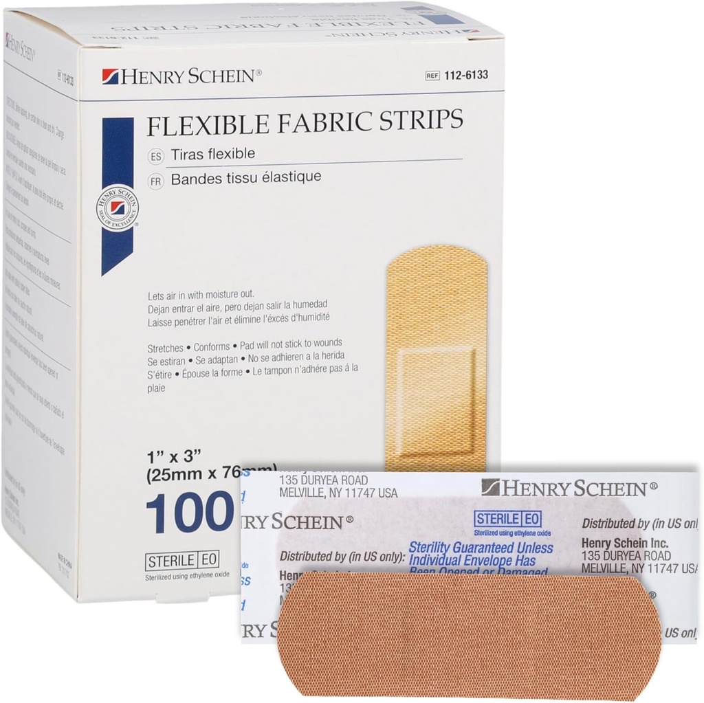 Henry Schein sterile Klebebandagen, 1" x 3" – Box von 100 flexiblen, atmungsaktiven Streifen – Weiche, dehnbare Wundabdeckungen für Erste Hilfe, medizinische Verwendung, Kliniken & Notfall Kits