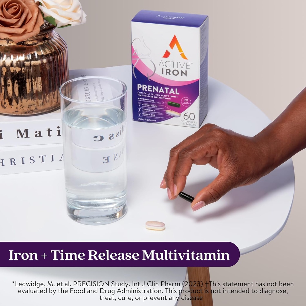 Active Iron prenatal, Iron supplement + Prenatal Vitamins for Women, 30 Non-Constipating Capsules + 30 Time-Release Multivitamins, Pregnancy, Breastfeeding " Postpartum Essentials