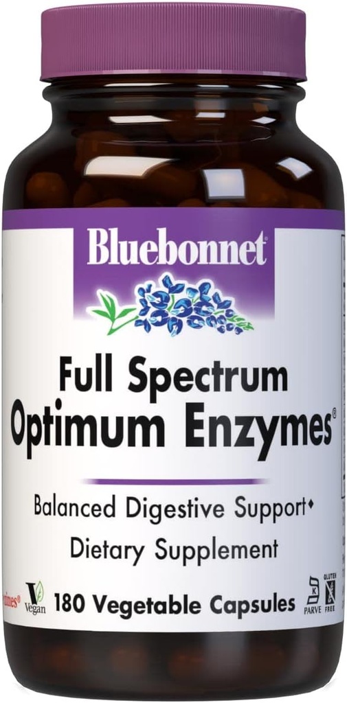 BlueBonnet Full Spectrum Optimum Digestive Enzymes - 9 Plant-Based Proteolytic Enzymes - Papaya, Hypromelain, Amyláza Gut Health for Women & Men - Vegan & Gluten-Free - 180 Rastlinné kapsuly