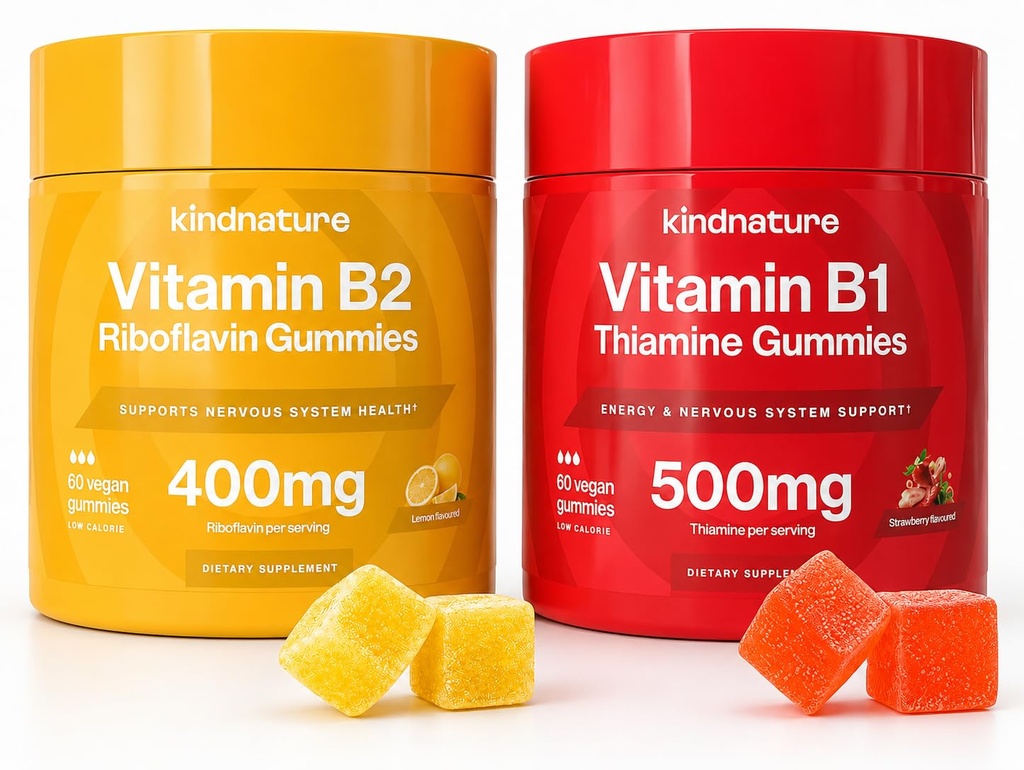 kindnature B-Vitamin Boost: B1 Thiamine 500mg & B2 Riboflavin 400mg Gummy Duo for Kids & Adults