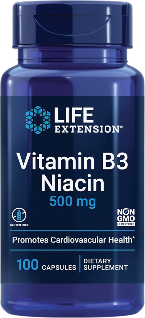 Life Extension Vitamin B3 Niacin, Heart Health, Cholesterol & Energy Support, Glutenvrij, Non-GMO, 100 capsules