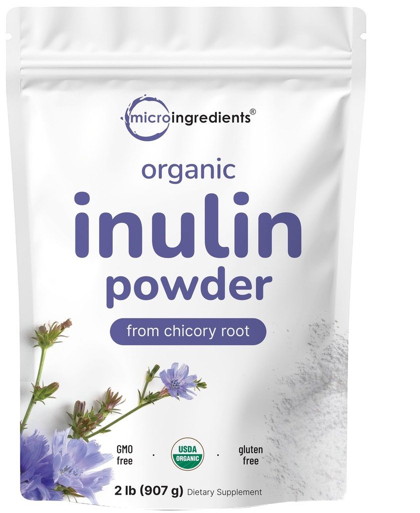 Micro Ingredients Organic Inulin Fiber Powder, 2lb | Natural Prebiotic to Support Digestive & Gut Health | Soluble, Easily Digestible | Unflavored, Vegan
