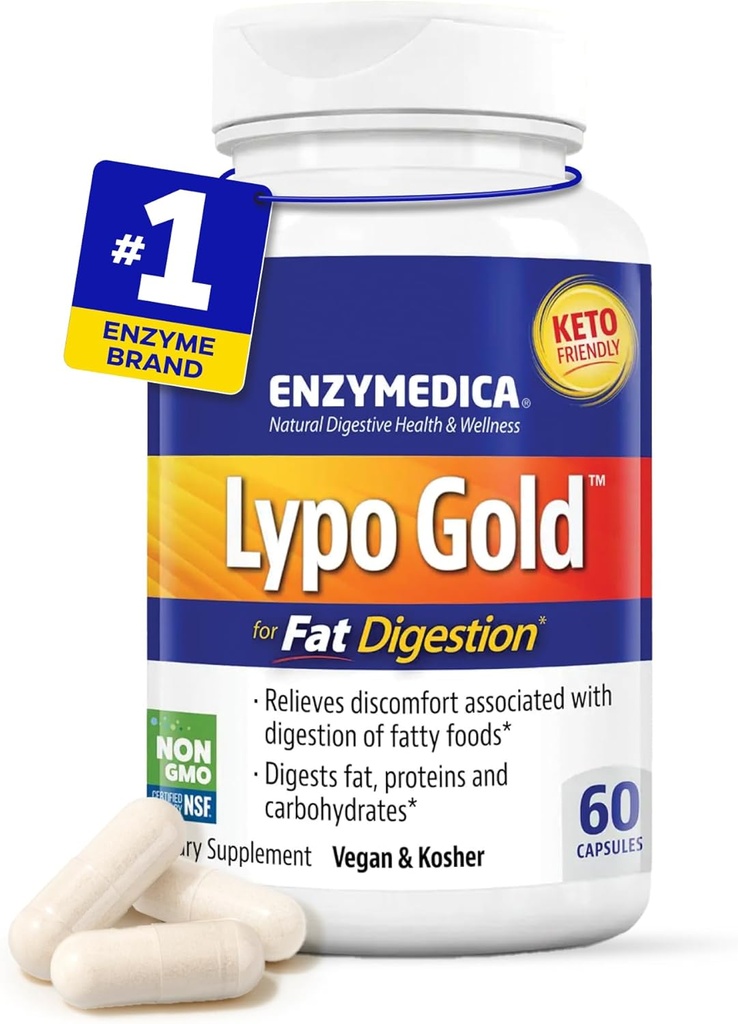 Enzymedica Lypo Gold, alta potenza Lipasi enzimi digestivi per la digestione grassa, supporta occasionalmente Bloating Relief & Digestive Health, Keto-Friendly, Vegan, 60 capsule