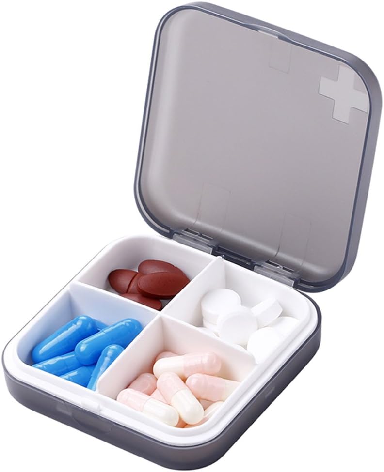 Pilula-antolatzaile eramangarria - Purse edo Travel-eko Slim Pill Box, Compact Pill Case(4 Compartment,Gray)