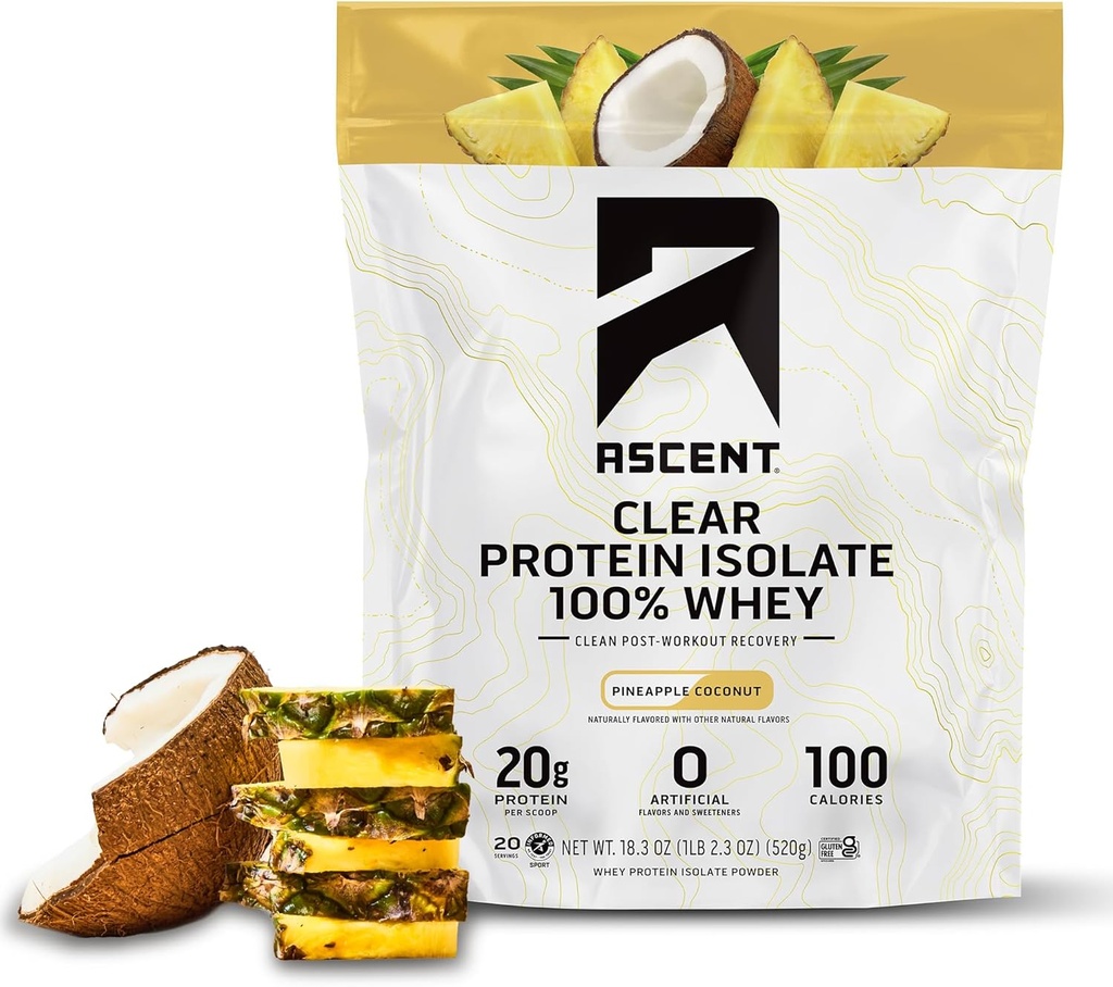 Ascensiune 100% clar Whey Pulbere de proteine - Post Workout Izolat de proteine Whey, Zero arome artificiale & îndulcitori, Gluten gratuit, 5.5g BCAA, 2.1g Leucine, Essential Aminoacids, Ananas Coconut, 20 Serv