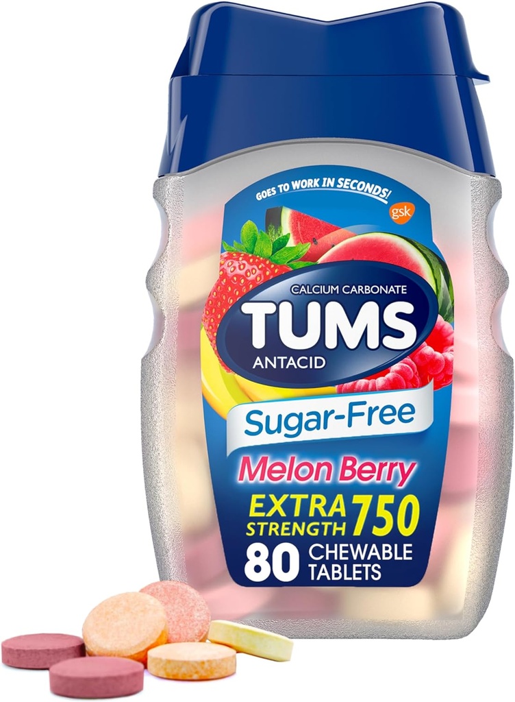 TUMS Extra Siła do żucia Sugar Free Antacid Tablets for Heartburn Relief, Melon Berry - 80 Count