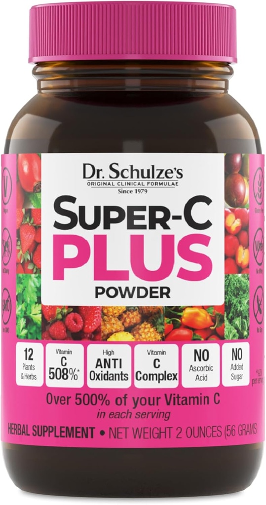 Dr. Schulze Super-C Plus - C-vitamiini lisand immuunsuse toetamiseks - naha tervis ja antioksüdandi tugi - suure tugevusega valem - taimepõhine supertoit - Gluteenivaba & Vegan - 2 oz (20 serveerimist)
