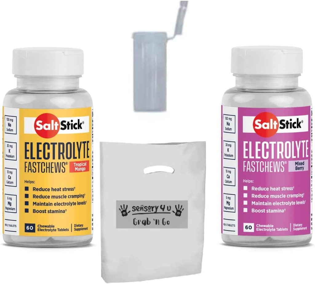 SENSORY4U Grab & Go Darčeková sada - SaltStick FASTCHEWS Odroda 2-Pack - 60 Počet fliaš tropického manga a zmiešaného berry s Race Ready Tube