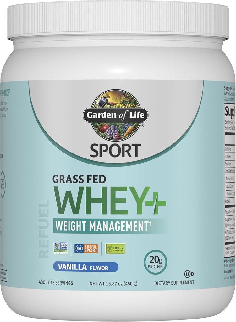 Garten des Lebens Sport Whey Plus Gewichtsmanagement mit Amino Energie - 20g Gras Fed Protein Isolate für Frauen und Männer - Vanille Pulver - mit Capsimax, 2 Billion CFU Probiotics, Über 15 Portionen