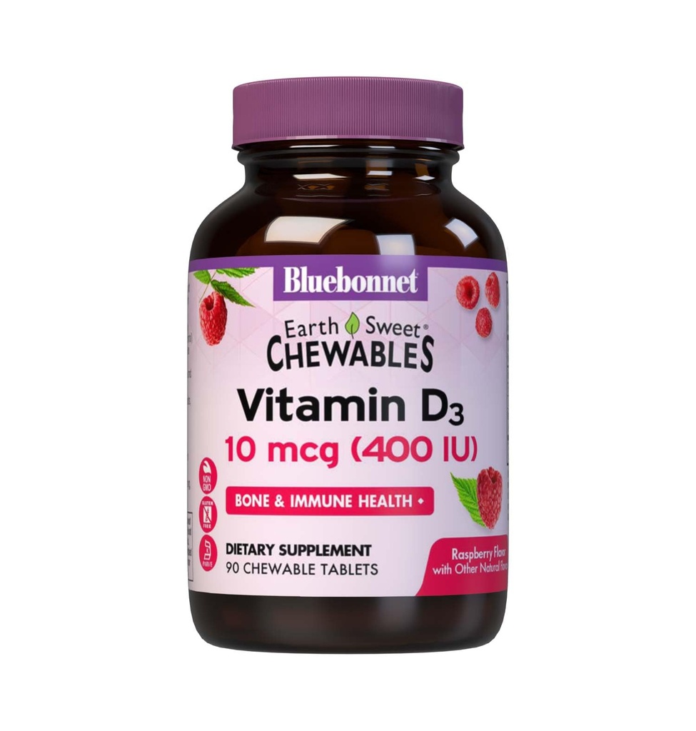 BlueBonnet Nutrition Earth Sweet Vitamin D3 400 IU Chewable Tablets, Aids in Muscle and Skeletal Growth, D3, Non GMO, Gluten, Free, Soy Free, Milk Free, Kosher, 90 Chewable Tablets, Raspberry Flavor