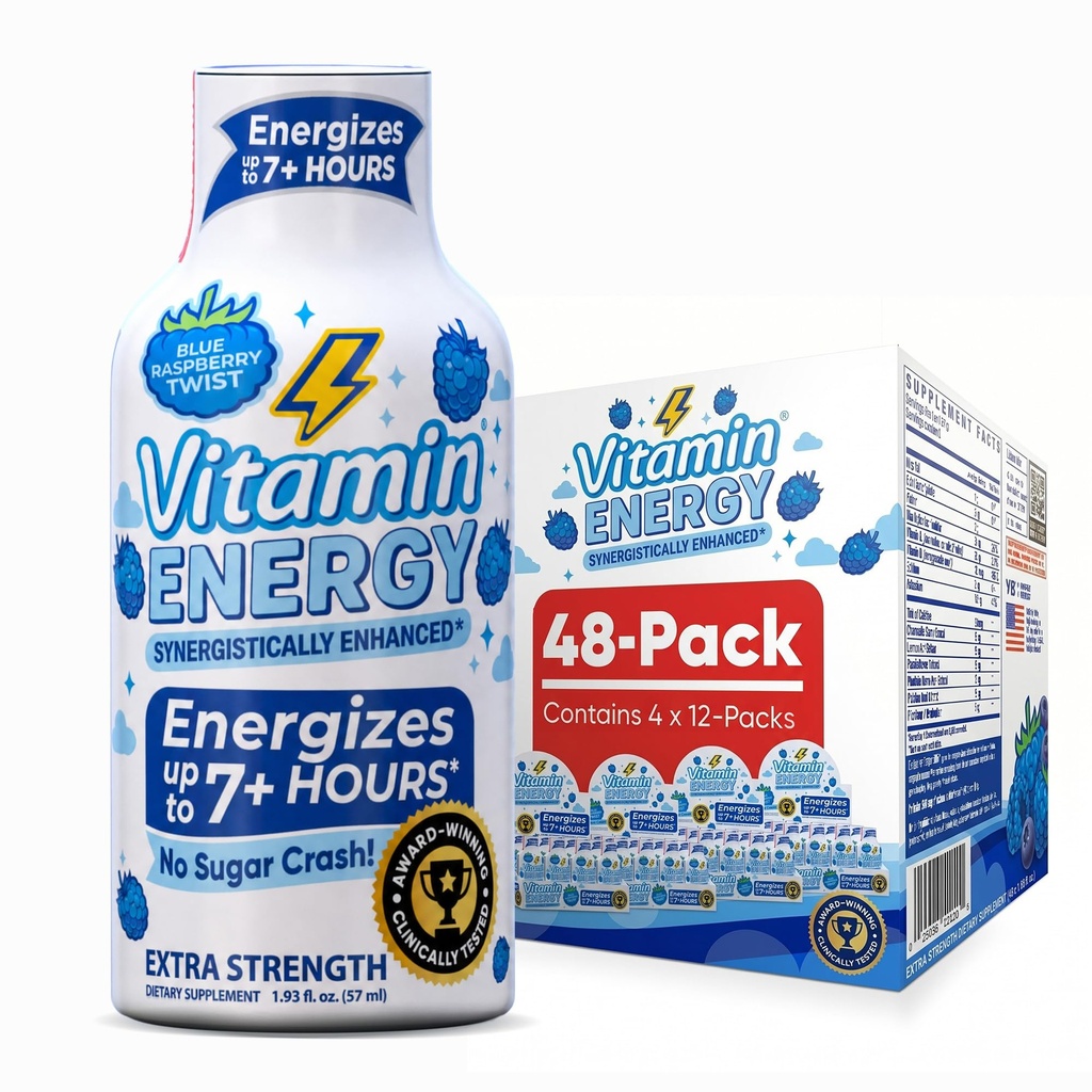 Vitamin Energy Blue Raspberry Twist Extra Strength Energy Shot, 48 Pack - Up to 7 Hrs, 260mg Natural Caffeine, Zero Sugar - Electrolytes + BCAAs, Hydration, B12 B6 Niacin, 1.93 fl oz, Keto Vegan