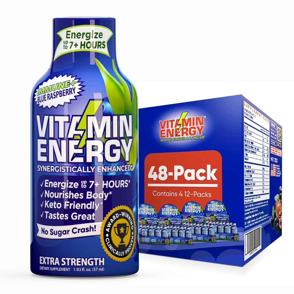 Vitamin Energy Immune+ Extra Strength Energy Shot Blue Raspberry 48 Pack, 260mg Natural Caffeine, B-Vitamins, Citicoline, Green Çay, Immunity & Focus Support, Zero, Gluten-Free 1.93 fl oz