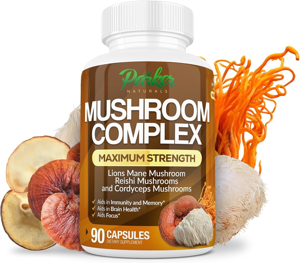Parker Naturals Mushroom Complex Capsules, Premium Lions Mane, Cordyceps, 和雷希什蘑菇增刊, 最大强度有机蘑菇增刊, 90 Capsules