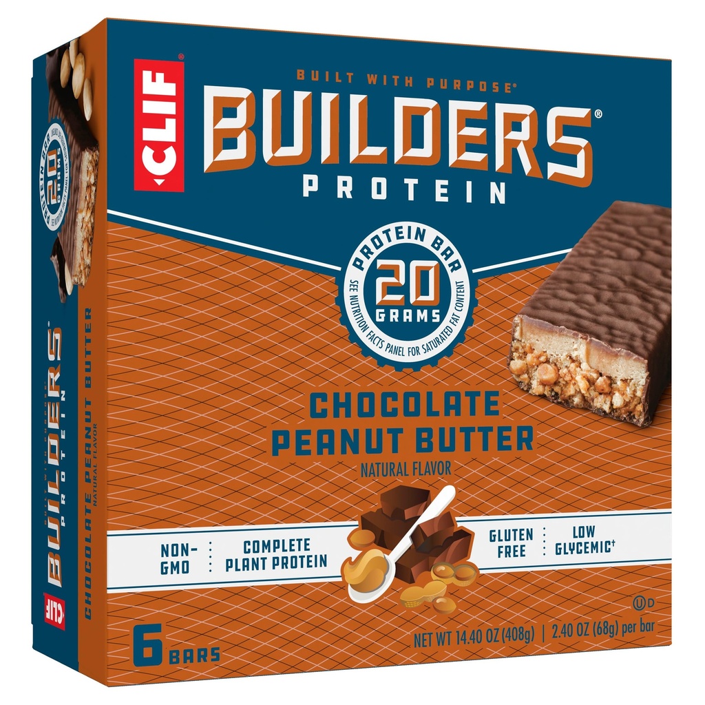 CLIF BUILDERS Protein Bars - Chocolate Peanut Butter Flavor - 20g Plant Based Protein - Gluten Free - Non-GMO - Low Glycemic - No Artificial Sweeteners - 2.4 oz. (6 Pack)