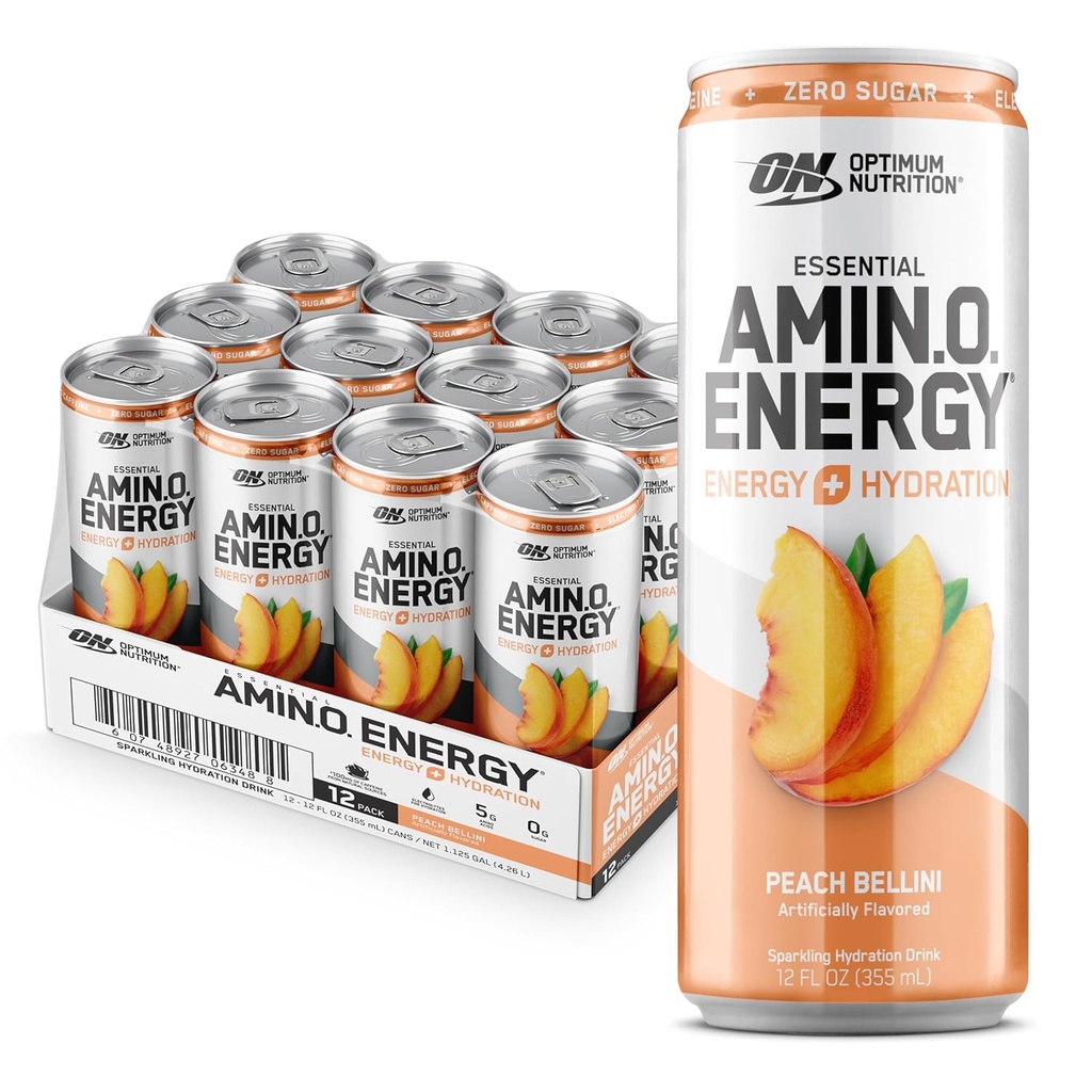 Optimum Nutrition Amino Energy Sparkling Hydration Drink, Elektroliti, Kofein, Aminokisline, BCAA, Sladkor brez sladkorja, Peach Bellini, 12 Fl Oz, 12 Pack (Packageing May Vary)