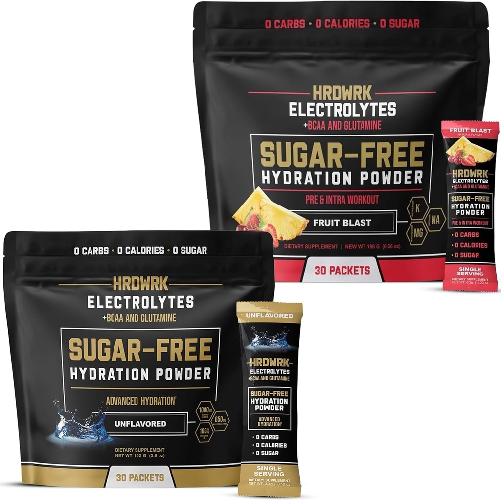 HRDWRK Electrolyte Packets para Hydration Variety Bundle con magnesio, Potassium Sodium, BCAAs e Glutamina, | Keto Electrolytes Powder with No Sugar, Unflavored & Fruit Blast (60 Count)