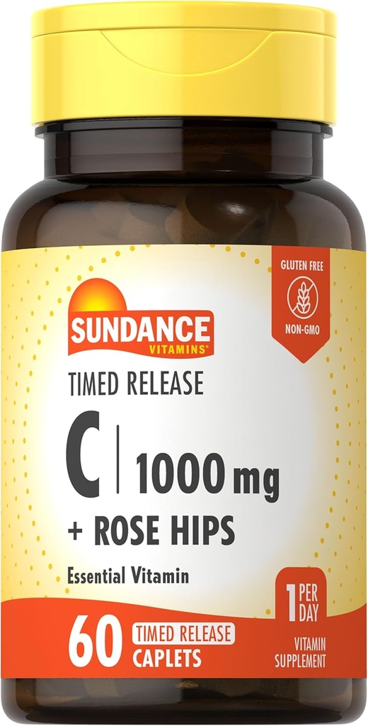 Sundance Vitamiin C 1000mg koos Rose Hips | 60 kaetud kapslid | Ajastatud vabanemine | Taimetoitlane, mitte-GMO ja gluteenivaba toidulisand