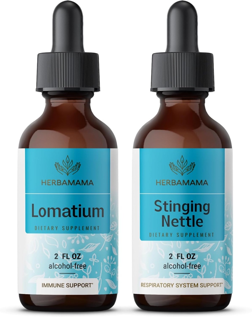 HERBAMAMA Herbal Liquid Drops Kit - Bundle of Lomatium Root Extract and Sting ttle Tincture 2 fl oz - Vegan, Non-GMO, Sugar & Alcohol-Free - 2 пакет