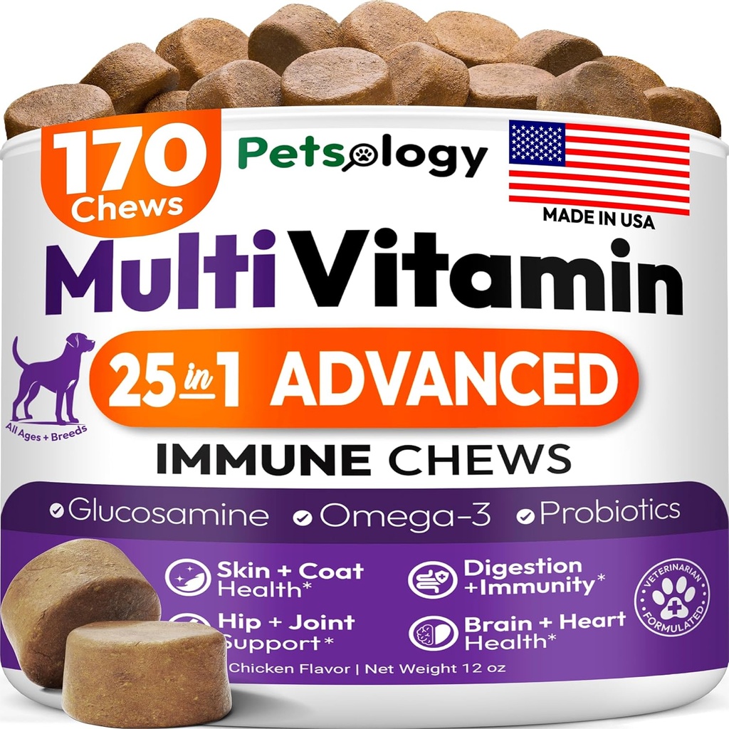 Dog Multivitamin Chewable - Txakurraren bitaminak eta gehigarriak Glucosamine-rekin - 170 Chews - Hip & Joint, Pet Immune euskarria, Skin & Coat, Gut & Heart Health - Senior & Puppy Multivitamin Pet Supplement