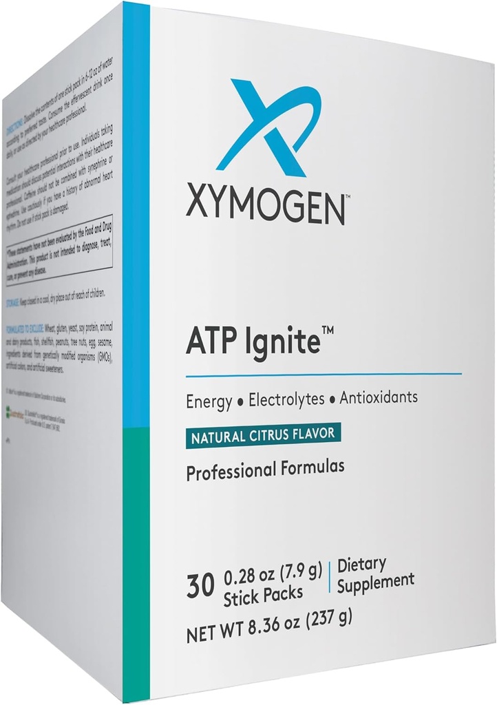 XYMOGEN ATP Ignite Revitalizing Energy Drink Powder - Supports Electrolyte replacementment + ATP Biosynthesis with Antioxidants, Aminos, Vitamins, Electrolytes + 95mg Caffeine (30 Citrus Stick Packs)